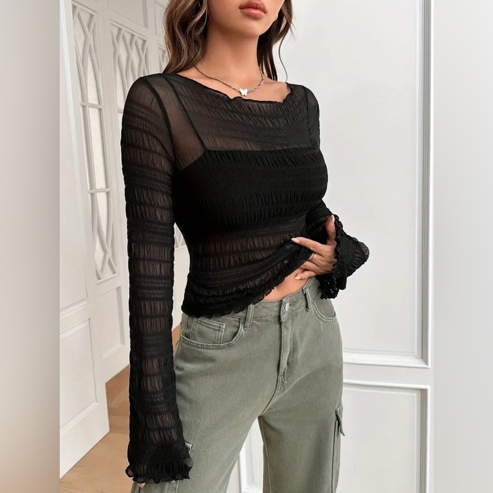 160. Black Mesh Bell Sleeve Top - Picture 2 of 3